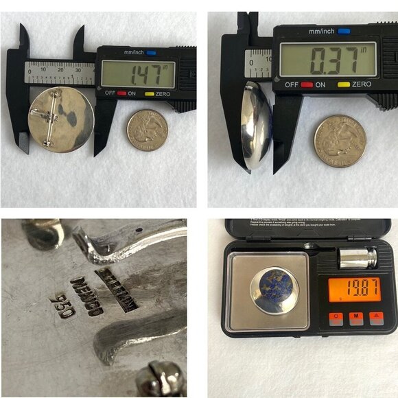 VTG Sterling Silver 950 Mexico Chunky Round Lapis Lazuli Inlay Pendant Brooch - Picture 10 of 16